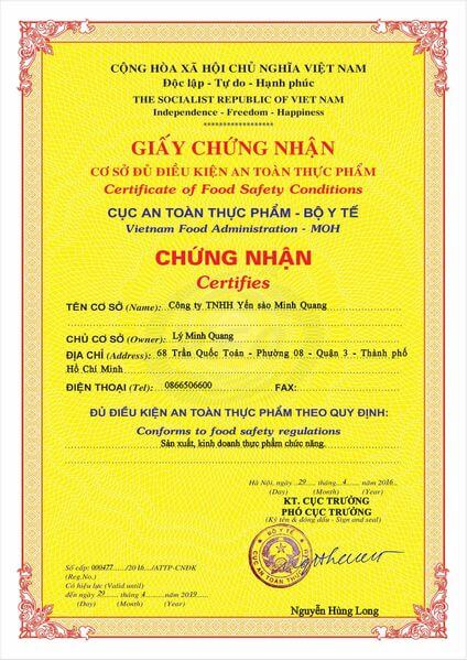 Giấy chứng nhận an toàn thực phẩm - Yên sào Minh Quang
