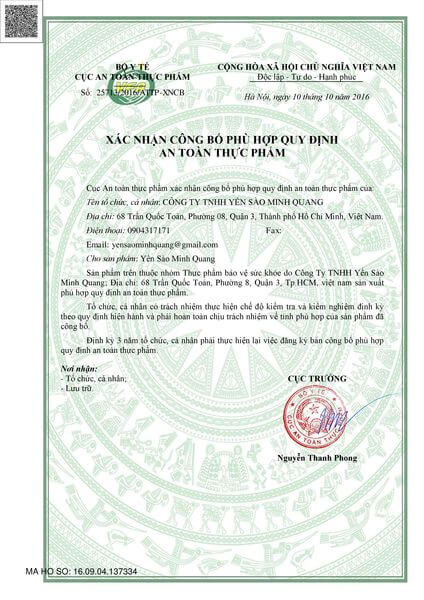 Giấy công bố sản phẩm - yến sào Minh Quang